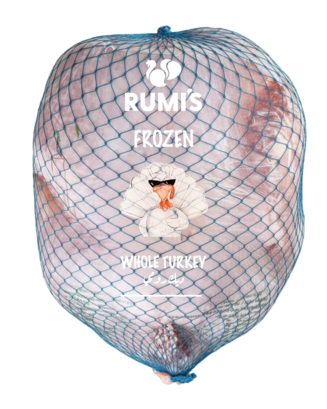 Frozen turkey in a mesh bag with 'Rumi's Frozen' branding on a beige background